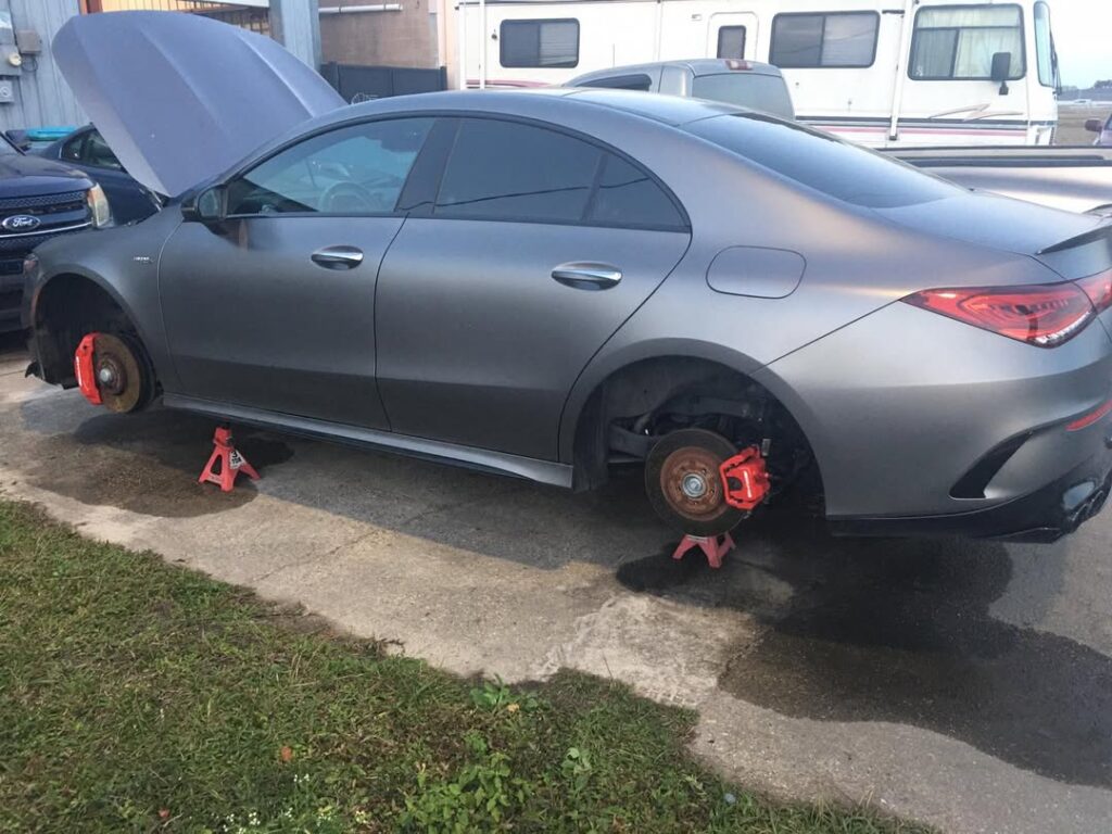 Red Powder Coated Brake Calipers on a Mercedes AMG Full Before-and-After Process - powder coating - new orleans - armadillo automotive